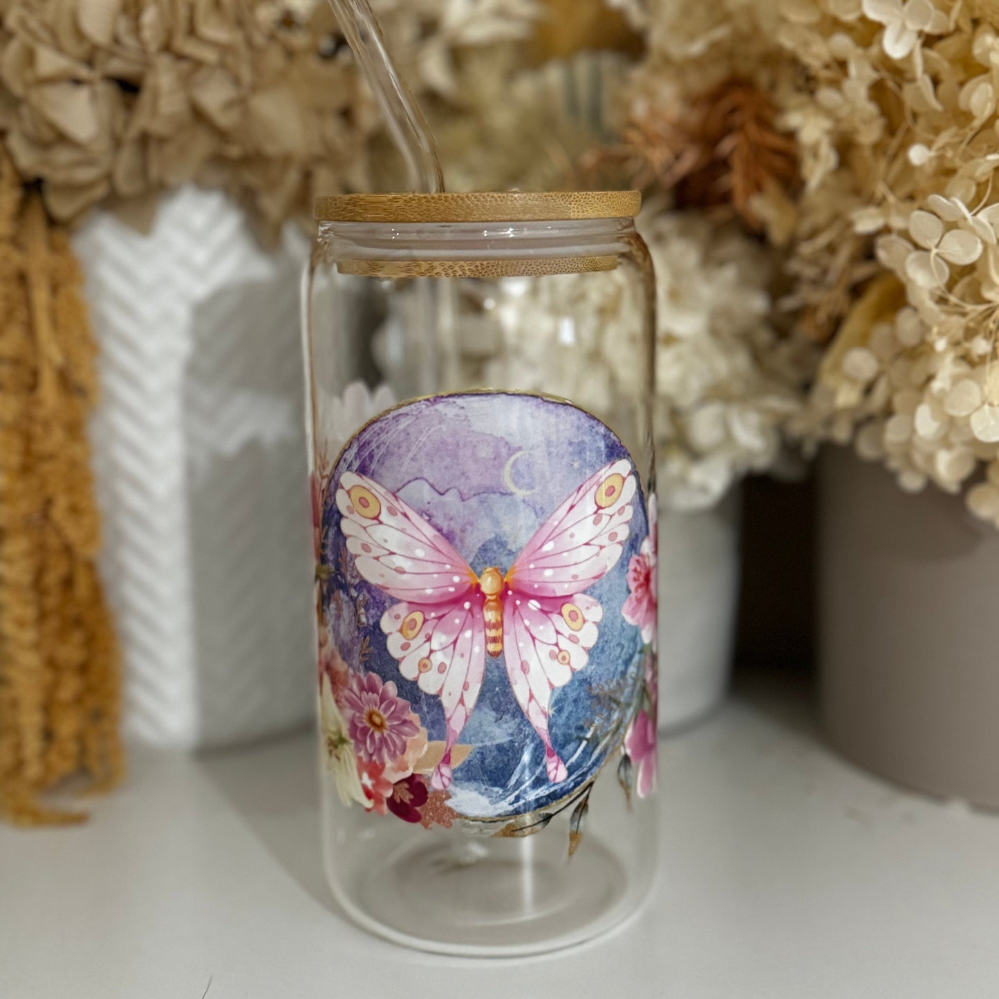 Pink Butterfly Glass Tumbler