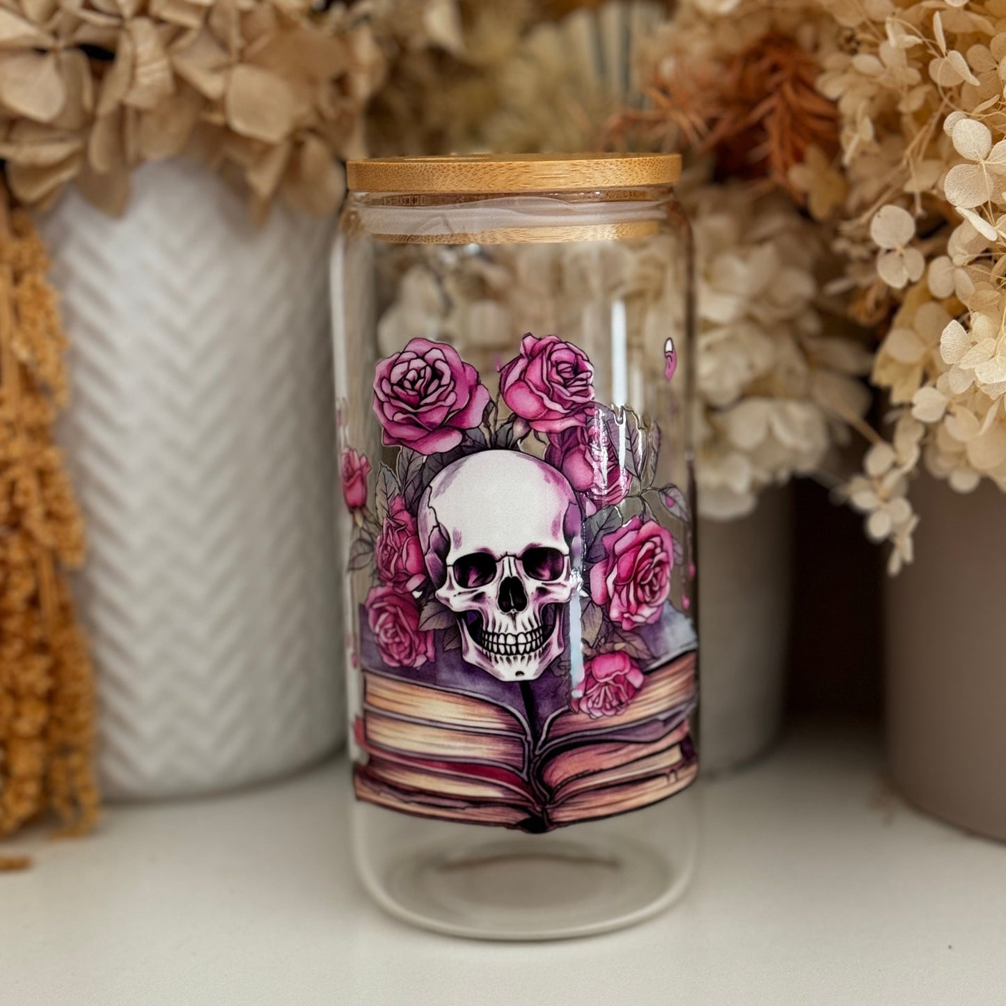 Skull & Books Glass Tumbler