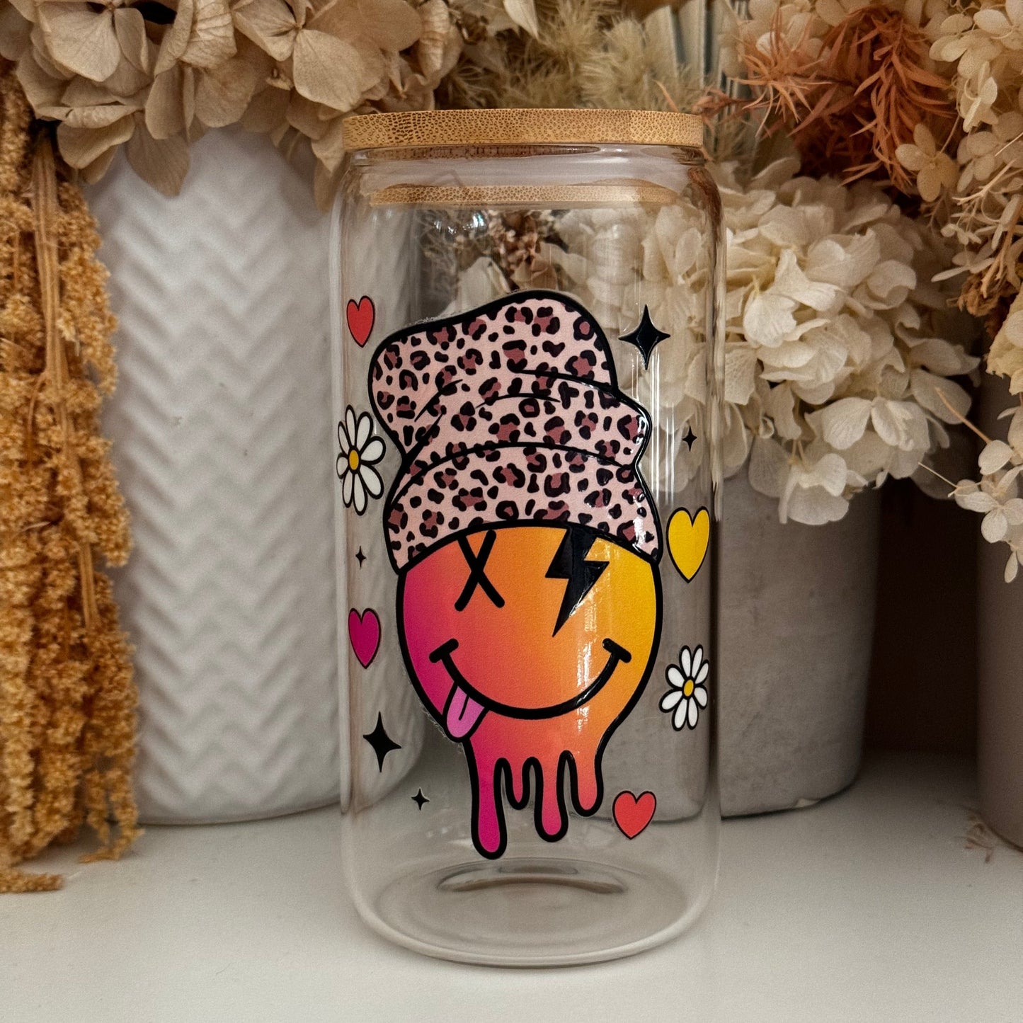 Smiley Face with Lightning Bolt Glass Tumbler